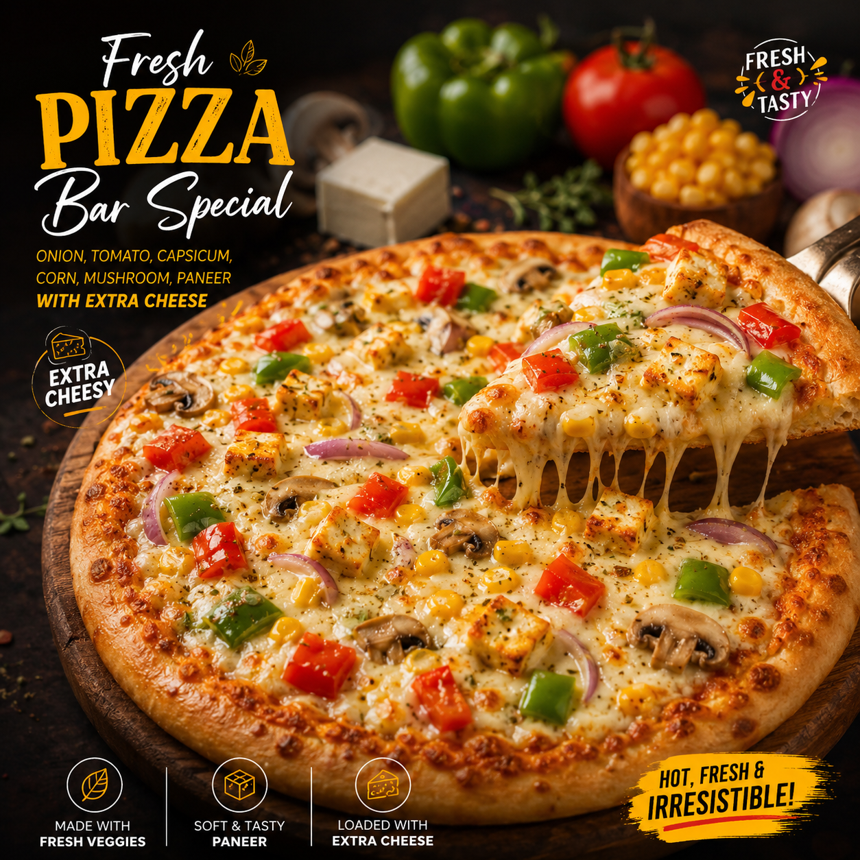 Fresh pizza Bar Special ( onion , tomato , capsicum , corn , mushroom , paneer with extra cheese )