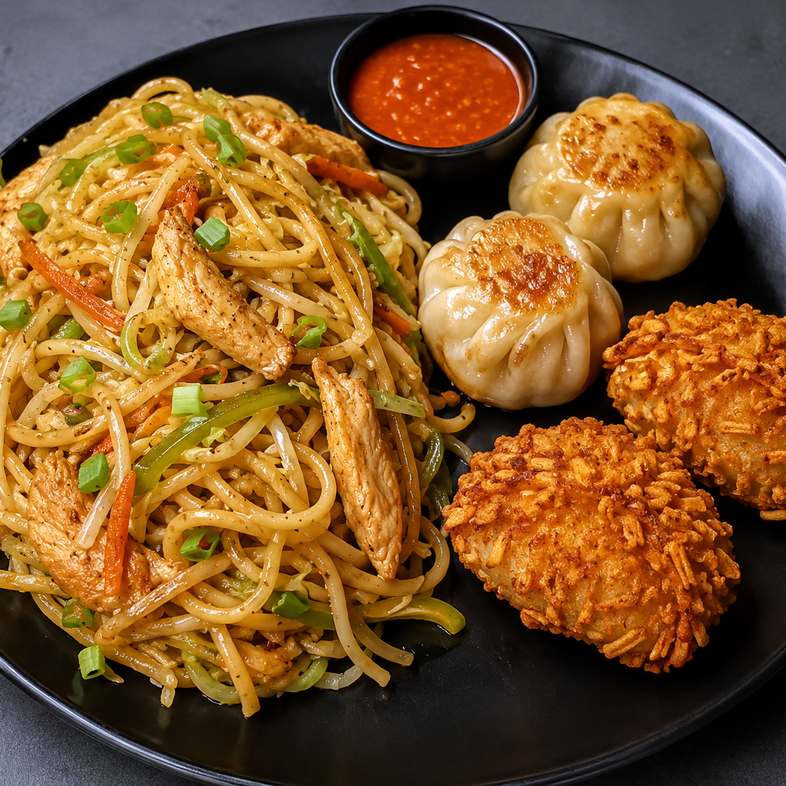 Chicken Noodles + Chicken Fry Momo (2 pcs) + Kurkure Momo (2 pcs)