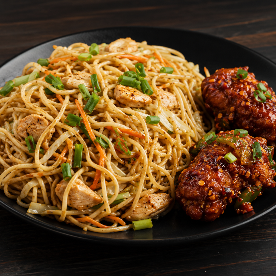 Chicken Noodles + Chilli Chicken Dry Fry (2 pcs)