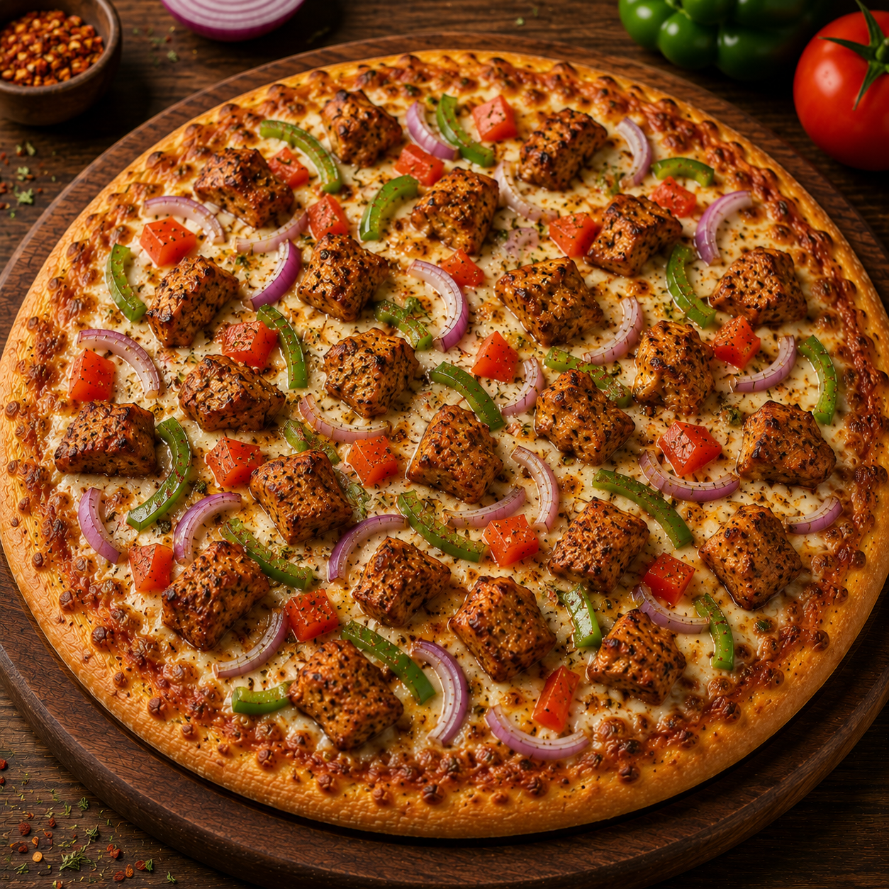 Chicken Kebab Pizza (chicken kebab, onion, tomato and capsicum with cheese)