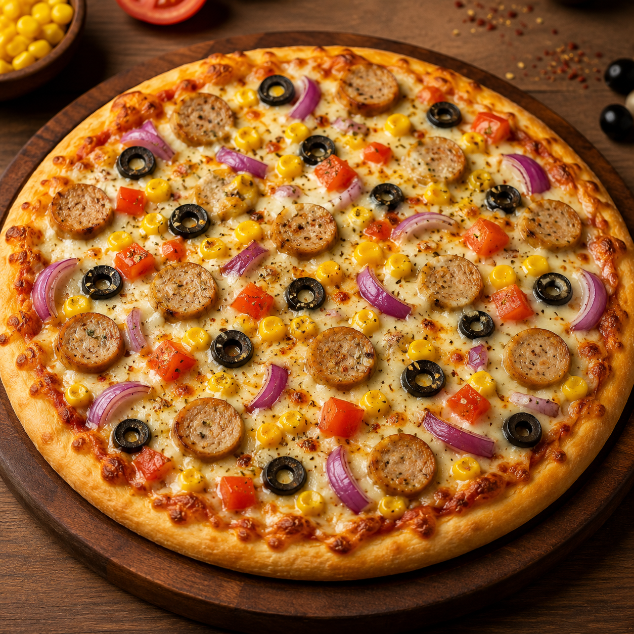 Chicken Sausage Pizza (chicken sausage, corn, olive, onion and tomato with cheese)