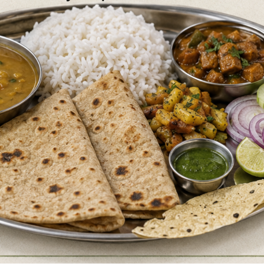 Veg Thali (Dal, Rice, 2 Pcs Tawa Roti, Aloo Bhaja, Seasonal Veg, Chutney, Papad & Salad)