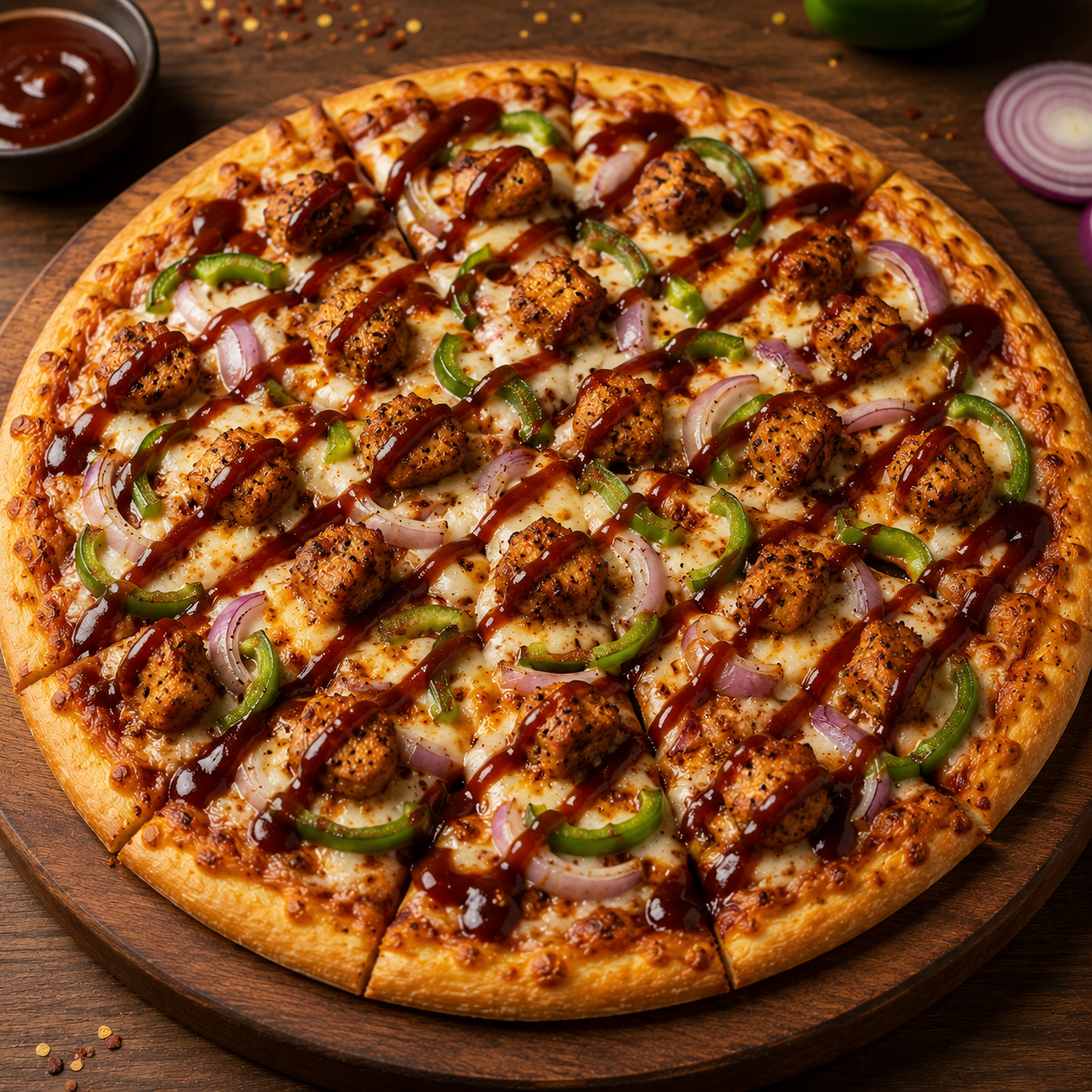 BBQ Chicken Pizza(chicken meatball , onion and capsicum with cheese bbq sauce on top)