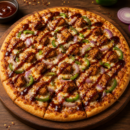 BBQ Chicken Pizza(chicken meatball , onion and capsicum with cheese bbq sauce on top)