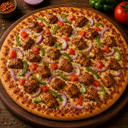 Chicken Kebab Pizza (chicken kebab, onion, tomato and capsicum with cheese)